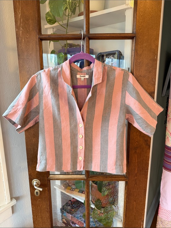 Madewell Tops - Pink & Gray Striped Madewell Cropped Button-Up Top
